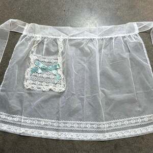 Vintage 1950s Sheer White Lace Half Apron Blue Velvet Bow Hostess Cottagecore